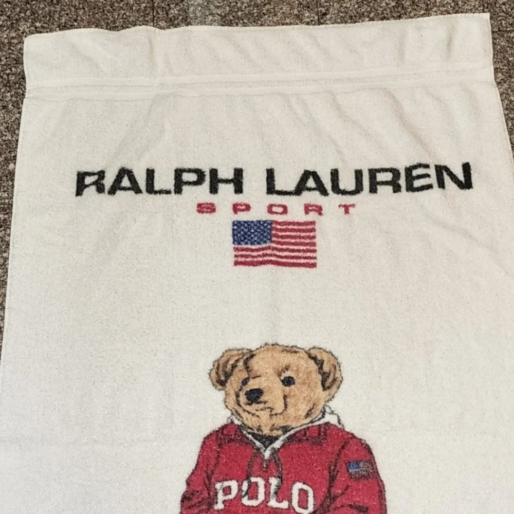 Vintage Ralph Lauren Sport Polo Bear Beach Towel White Cotton Made in USA 67x34